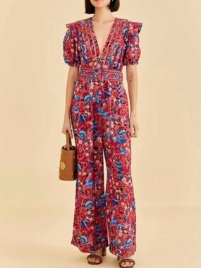 FARM Rio Red Floral Deep V Puff-Sleeve Jumpsuit with Blue Accents